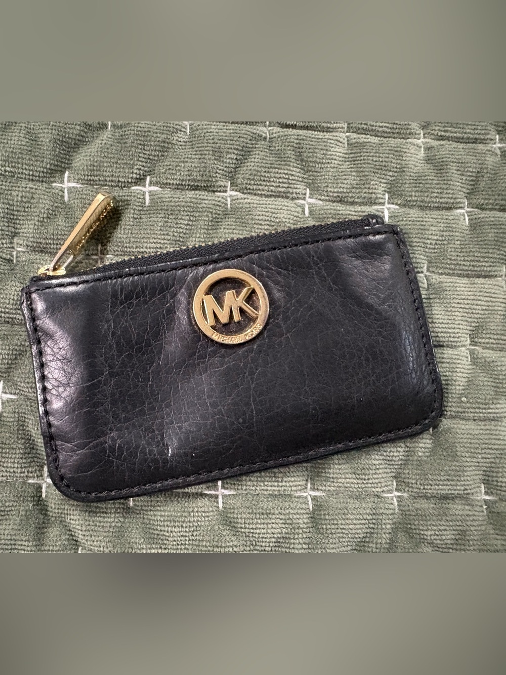 Michael Kors Black Leather Zip Card Pouch with Gold MK Emblem